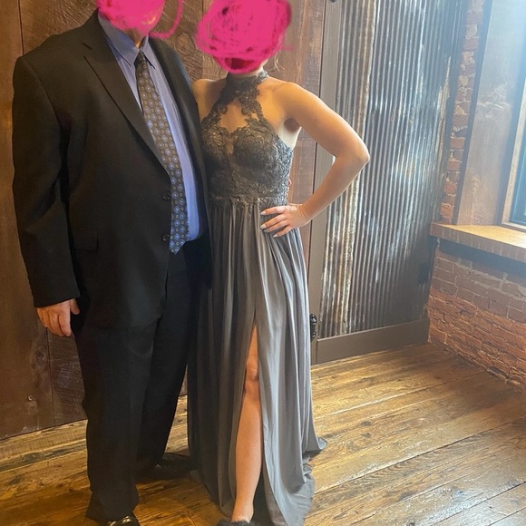 Azazie Prue Dress - “A Line” Lace Chiffon Floor Length - Steel Gray - Size 6 - Picture 10 of 11